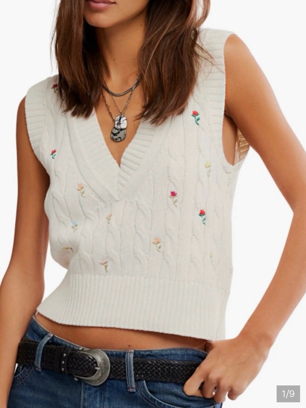 Free People Cream Cable Knit V-Neck Sleeveless Sweater Vest